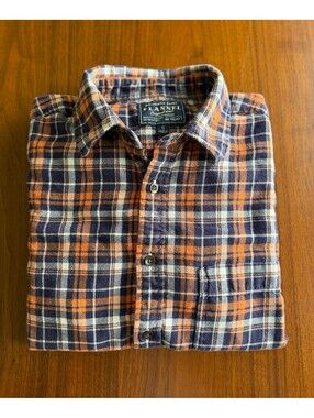 Flannel Authentic Shirt Original Wash Orange & Blue Plaid Button-Up - Size S